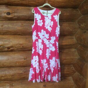 Talbots Bright Pink/White Floral Sleeveless Lined Ruffled Hem Midi Dress Size 16